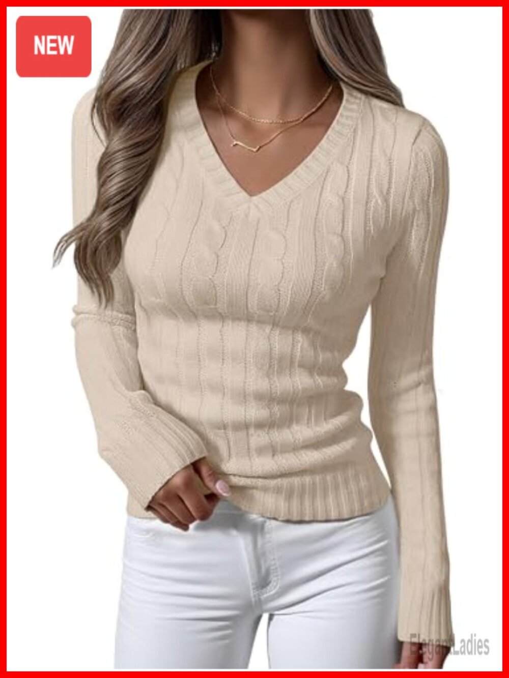 Cable Knit V Neck Long Sleeve Slim Fit Pullover Sweater